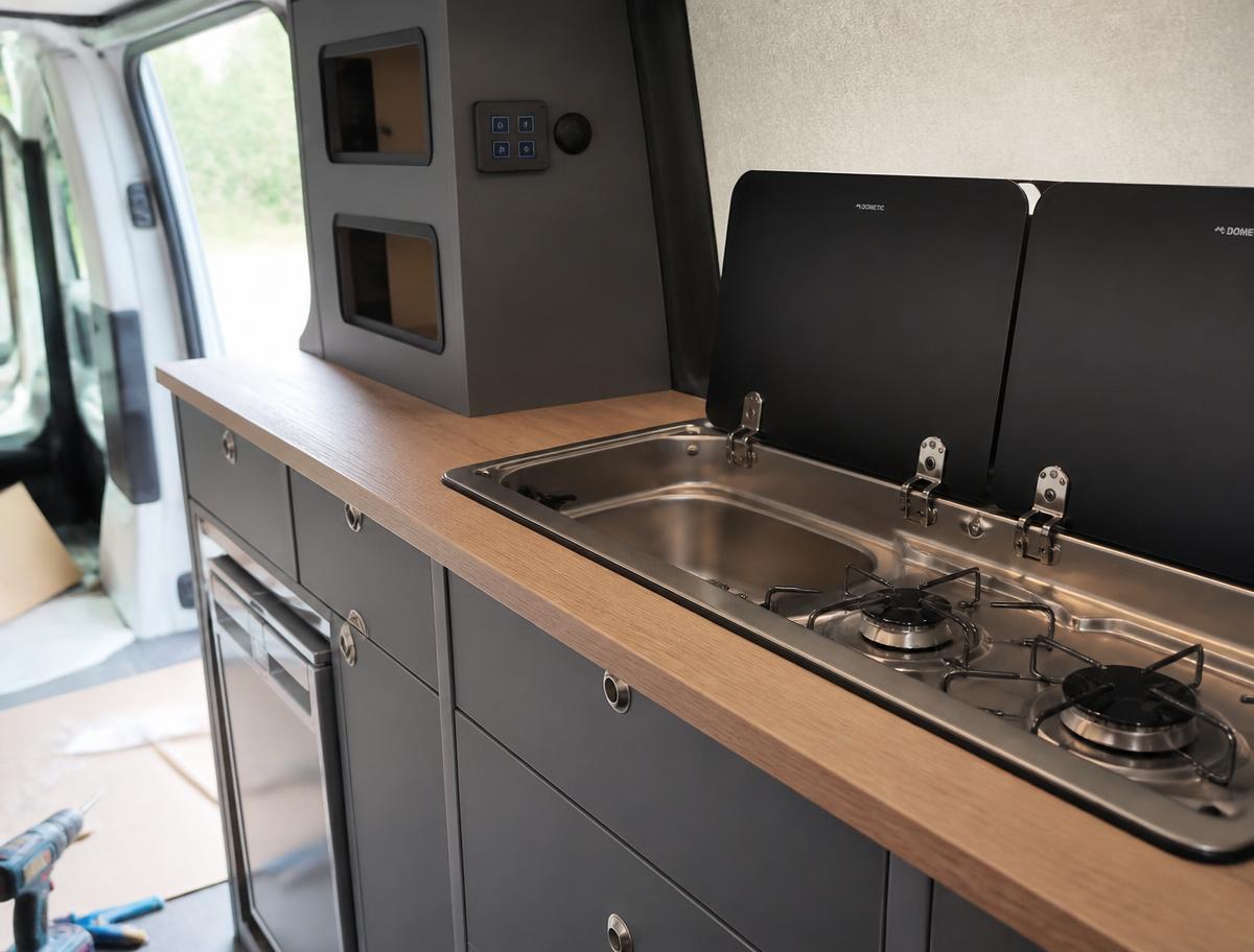 Campervan kitchen furniture with sink and hob